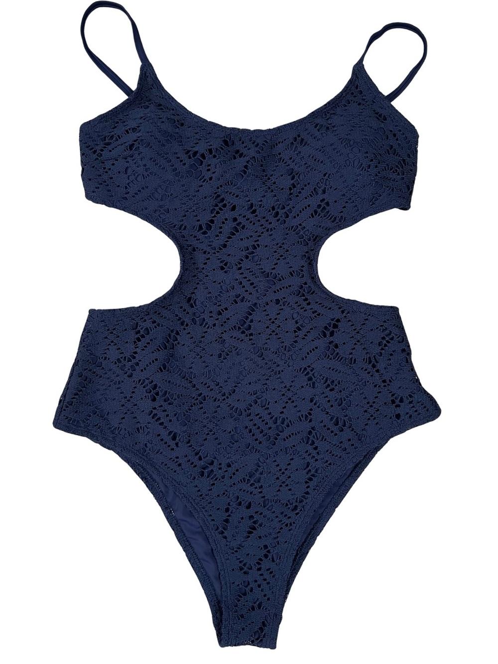 Aerie Crochet Lace One Piece Swimsuit Monokini Cut Out Navy Blue Medium